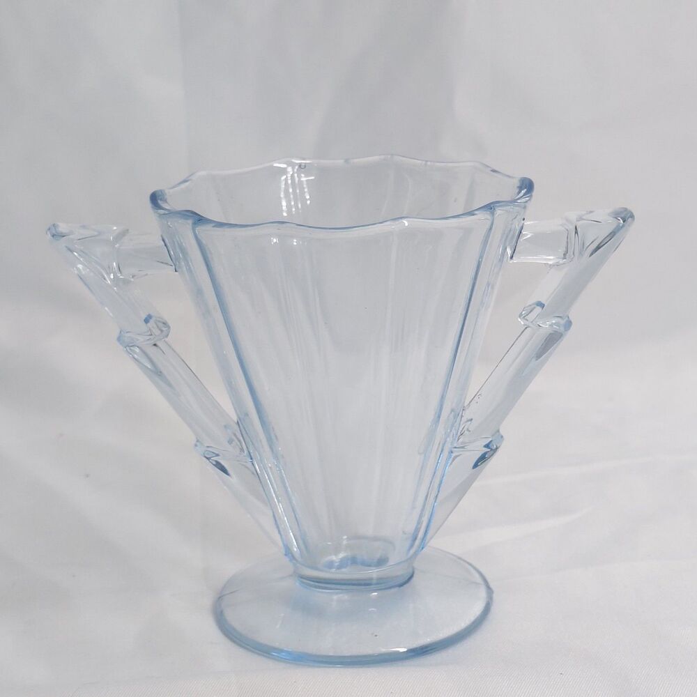 Vintage Cambridge Glass Decagon Moonlight Blue Sugar Bowl Lightning Bolt Handles